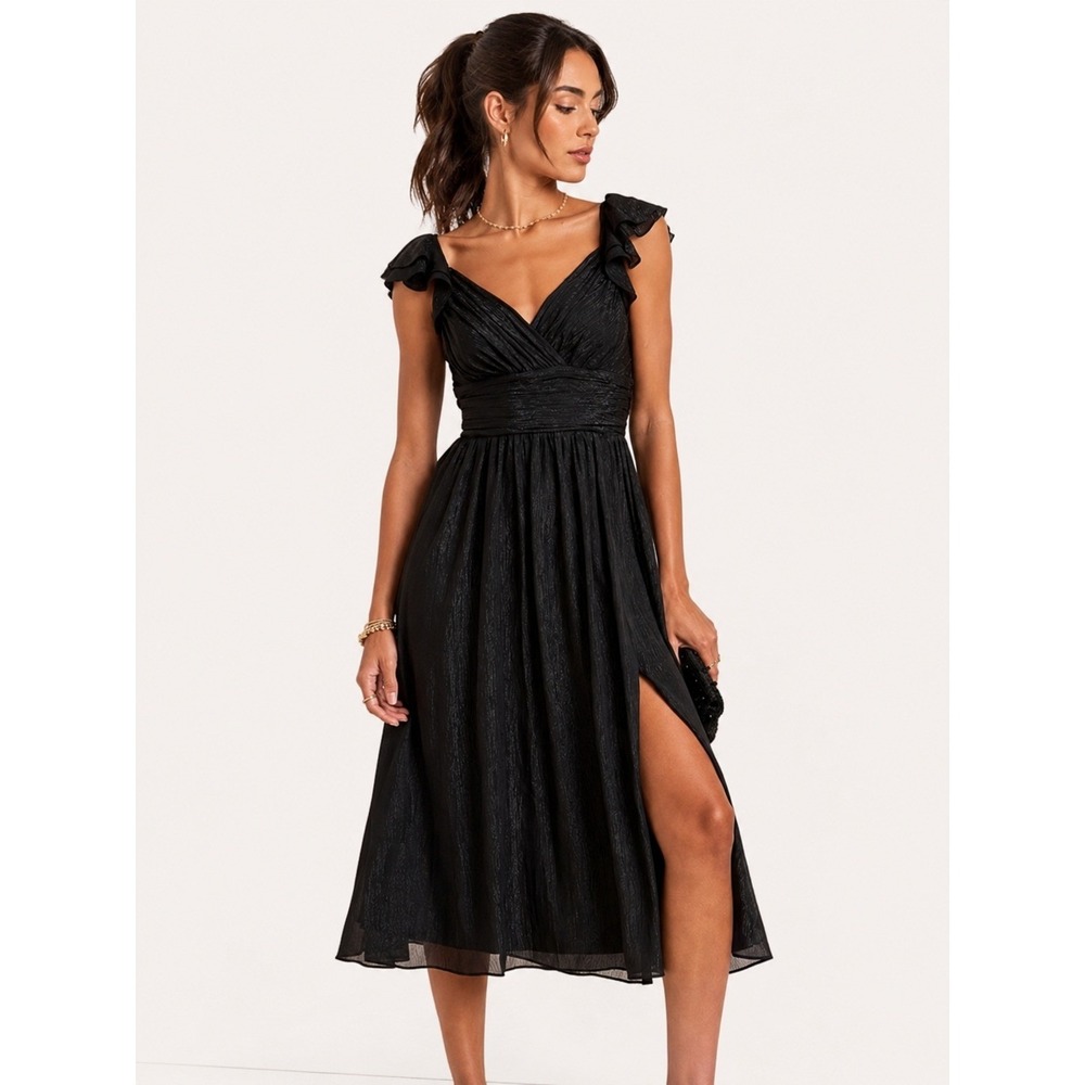 Francescas Juliette Black Ruffle Flutter Metallic Midi Party Dress S NWT New
